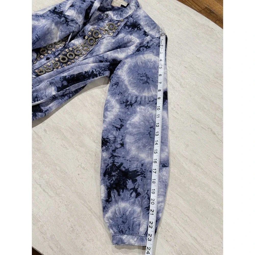 Michael Kors Top‎ M Blue Tie-Dye Beaded Bib Pleated Hippie Boho Peasant Popover